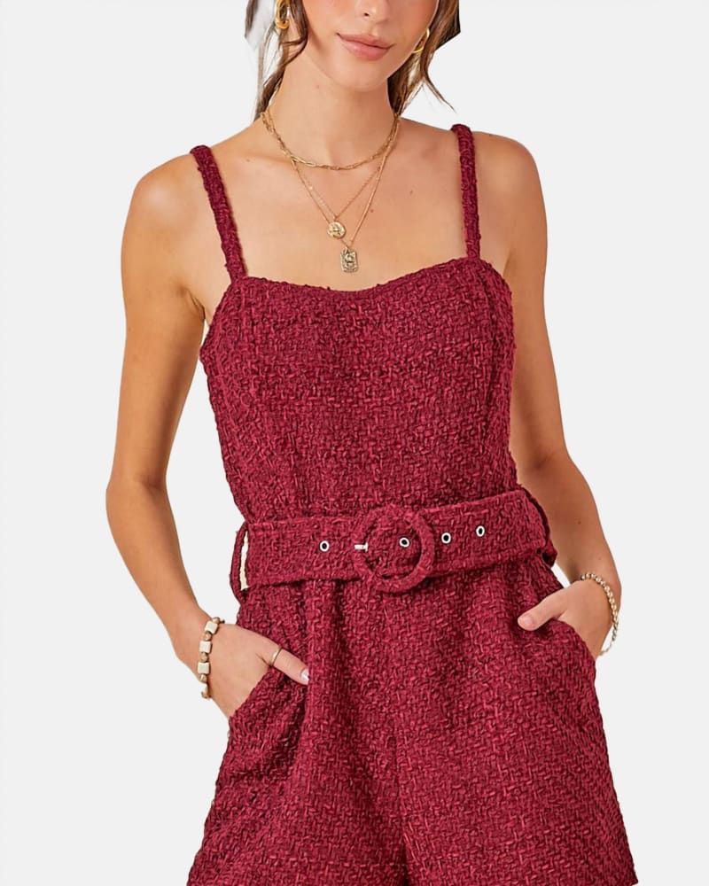 Front of a model wearing a size Large Falling For Tweed Romper In Wine in Wine by day + moon. | dia_product_style_image_id:353680